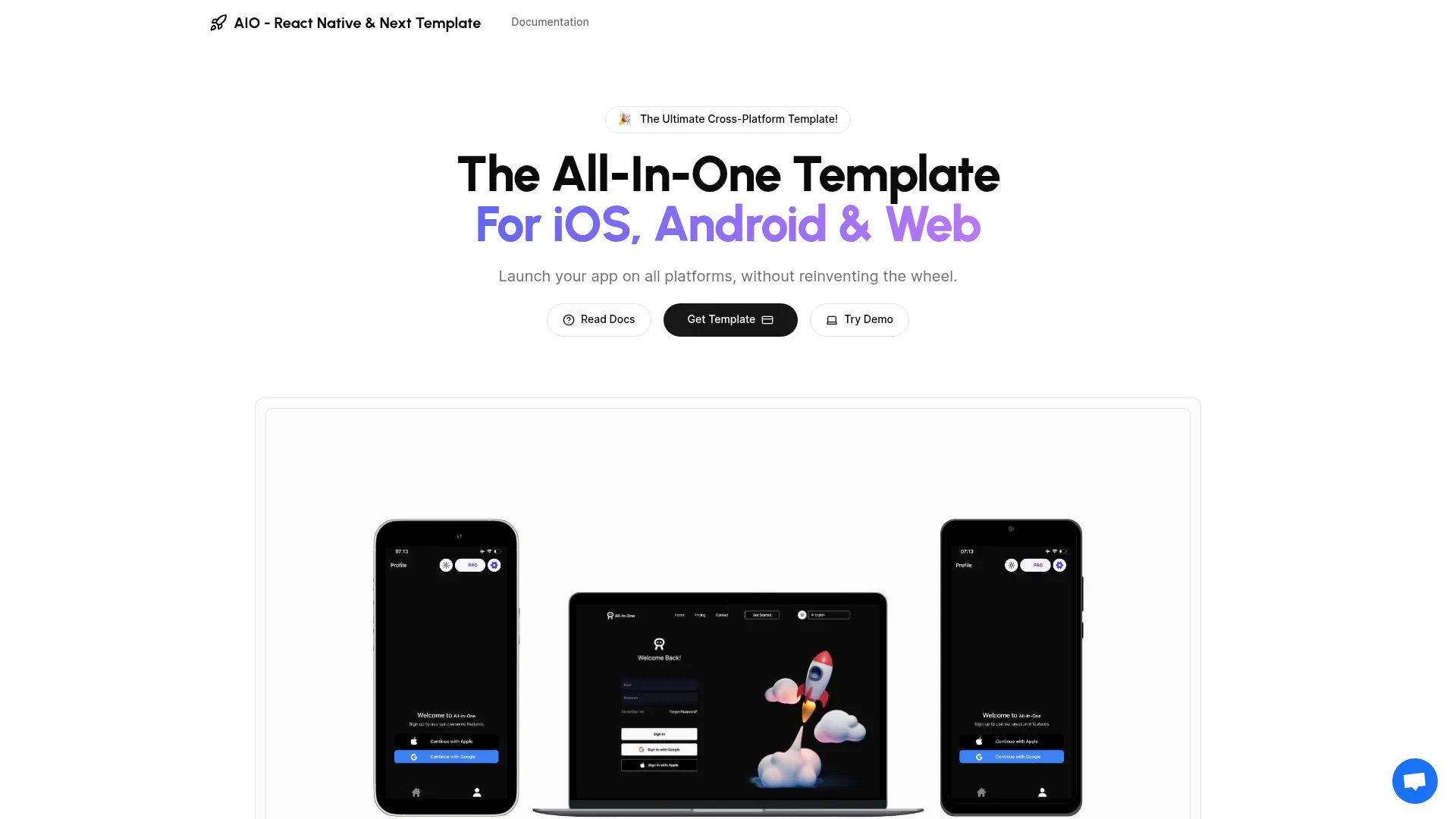 AIO - React Native & Next Template homepage screenshot