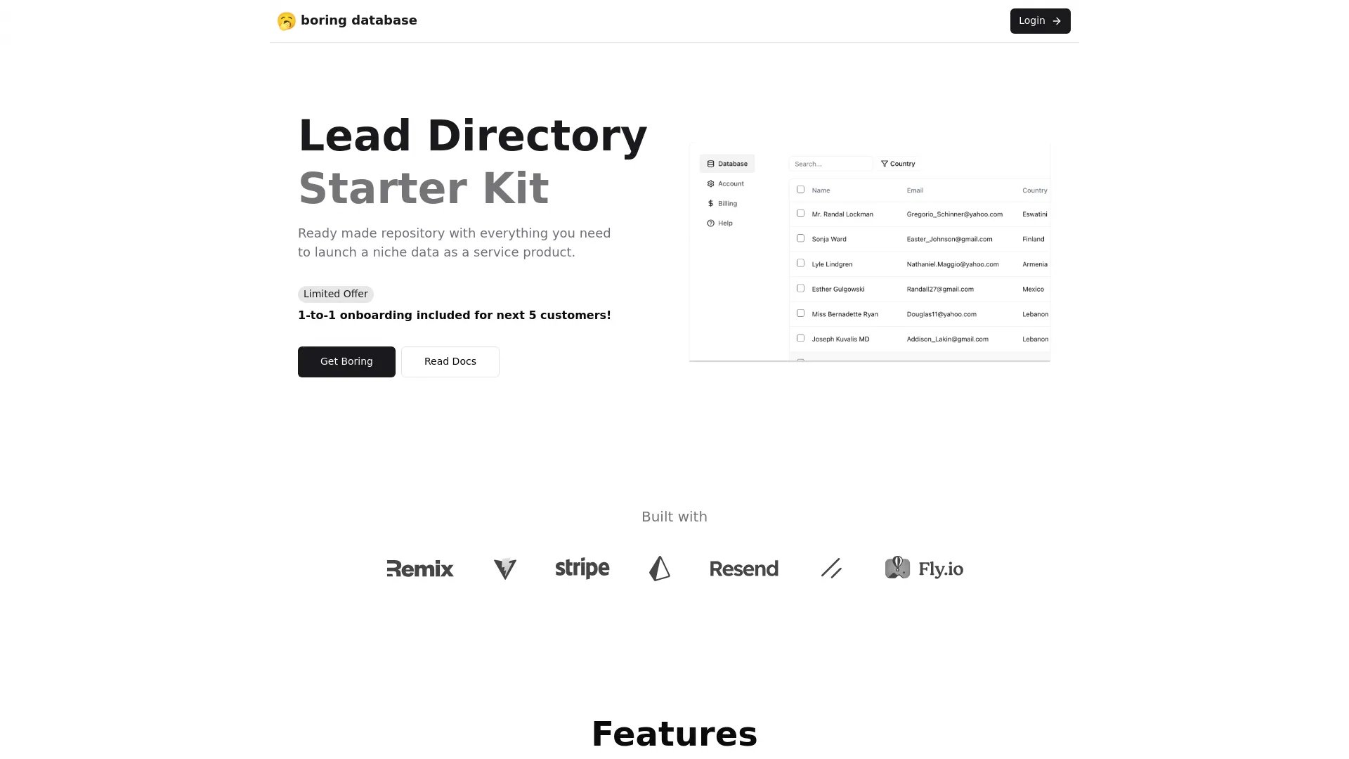 Boring Database homepage screenshot