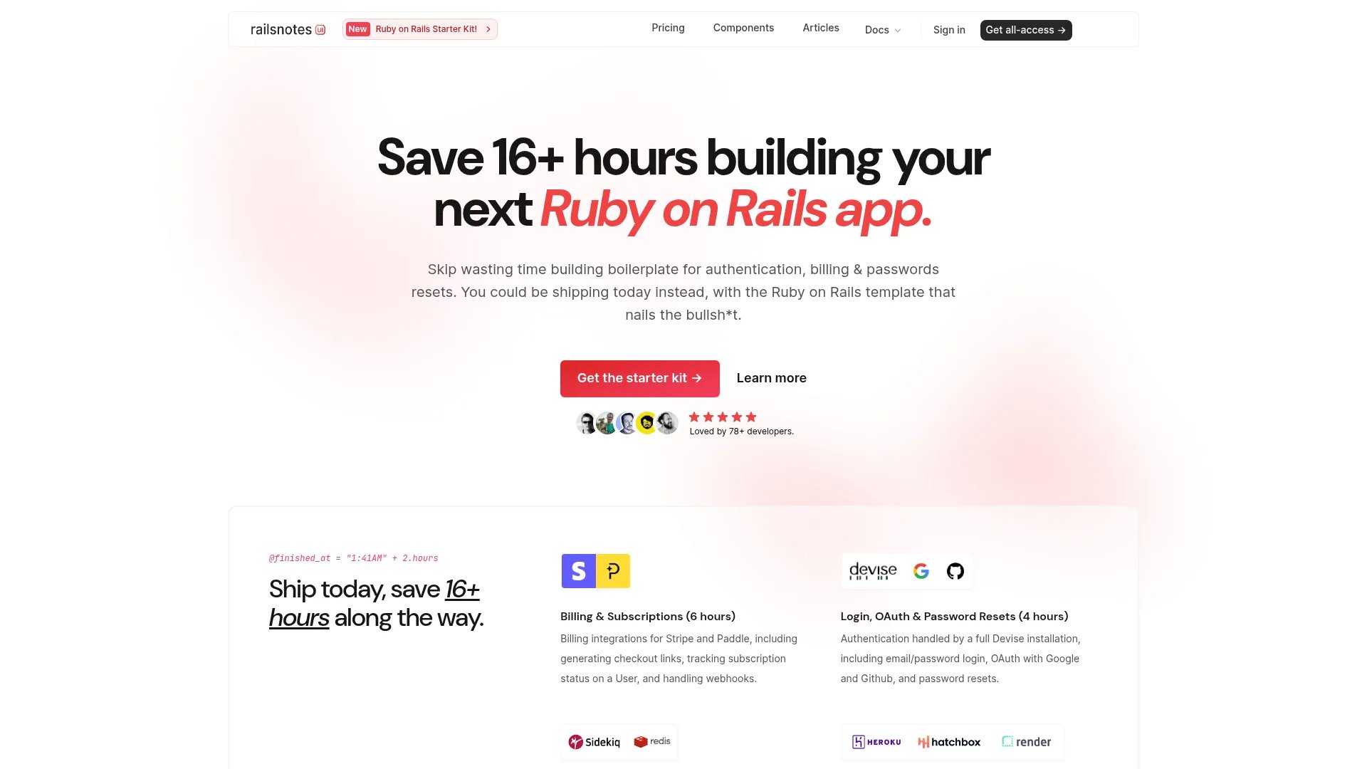RailsNotes UI Starter Kit homepage screenshot