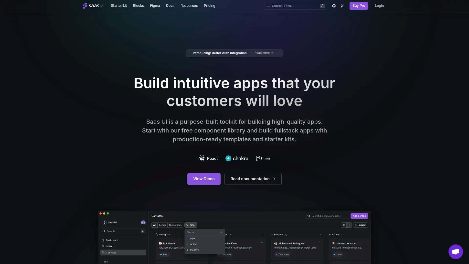 Saas UI homepage screenshot