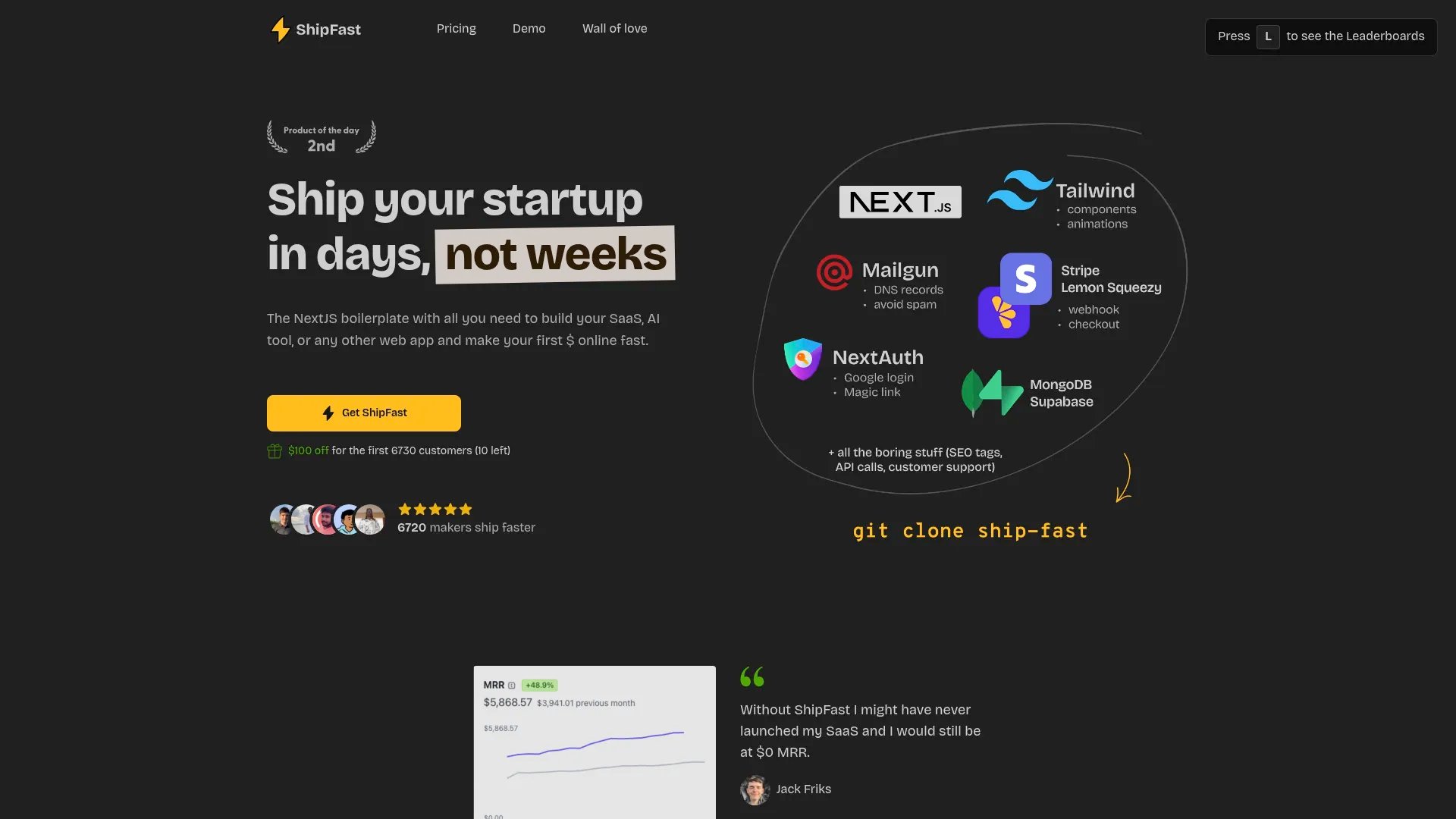 ShipFast homepage screenshot